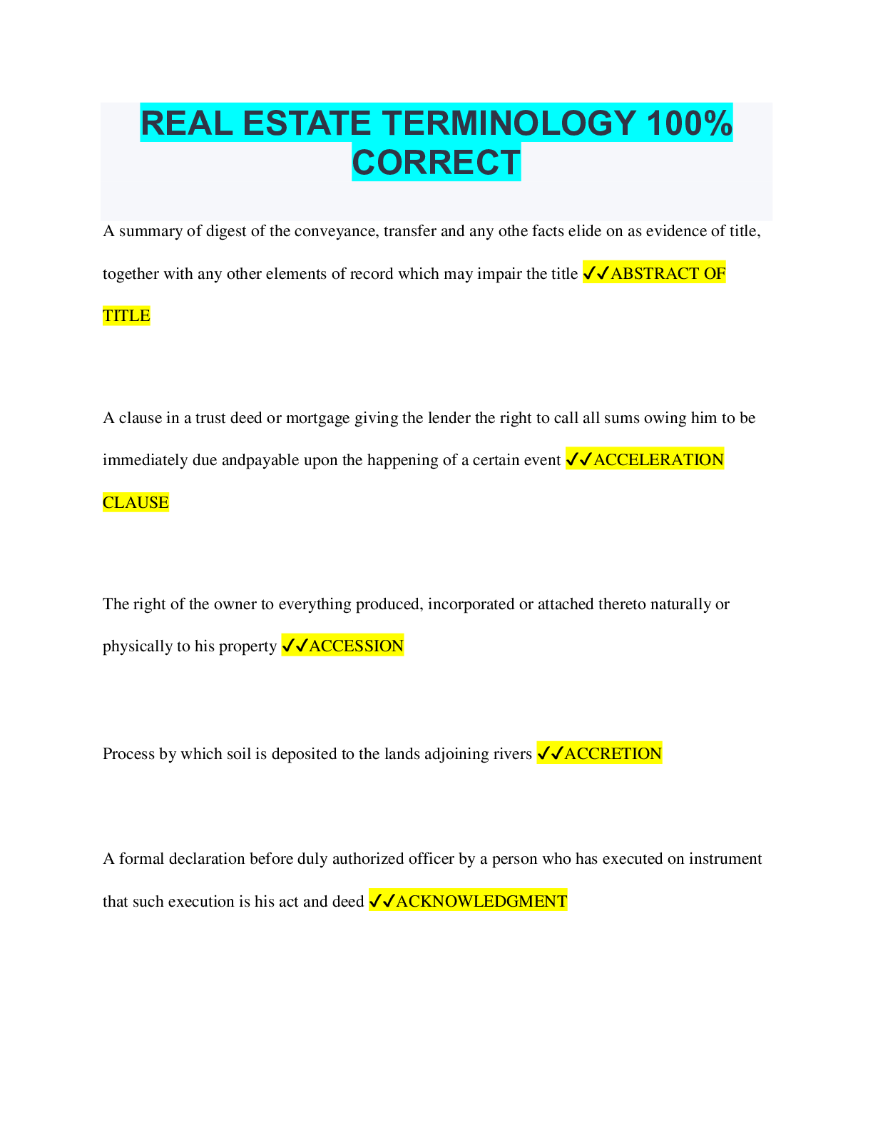 REAL ESTATE TERMINOLOGY 100 CORRECT Browsegrades